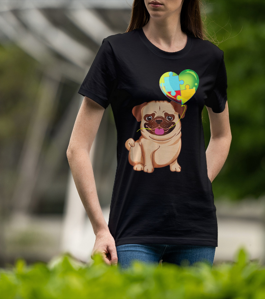 Autism Awareness Pug Puppy Heart Puzzle Balloon T-Shirt