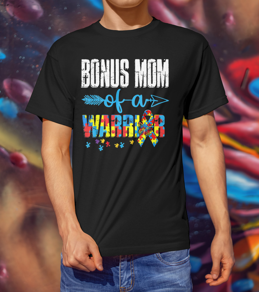 Bonus Mom Of A Warrior Autism Awareness Puzzle T-Shirt