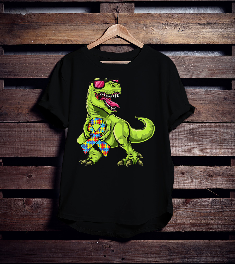 Dinosaur Rex With Autism Awareness Puzzle Ribbon And Sunglasses T-Shirt
