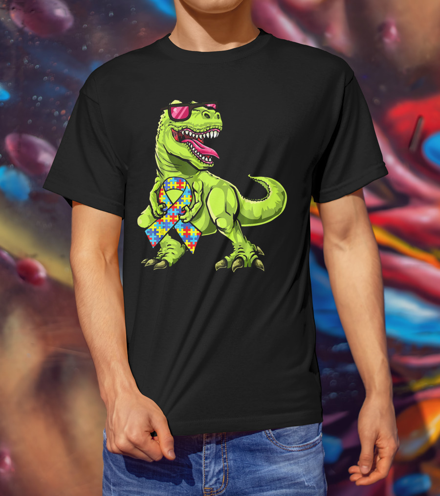 Dinosaur Rex With Autism Awareness Puzzle Ribbon And Sunglasses T-Shirt