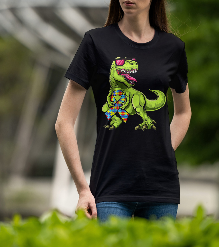 Dinosaur Rex With Autism Awareness Puzzle Ribbon And Sunglasses T-Shirt