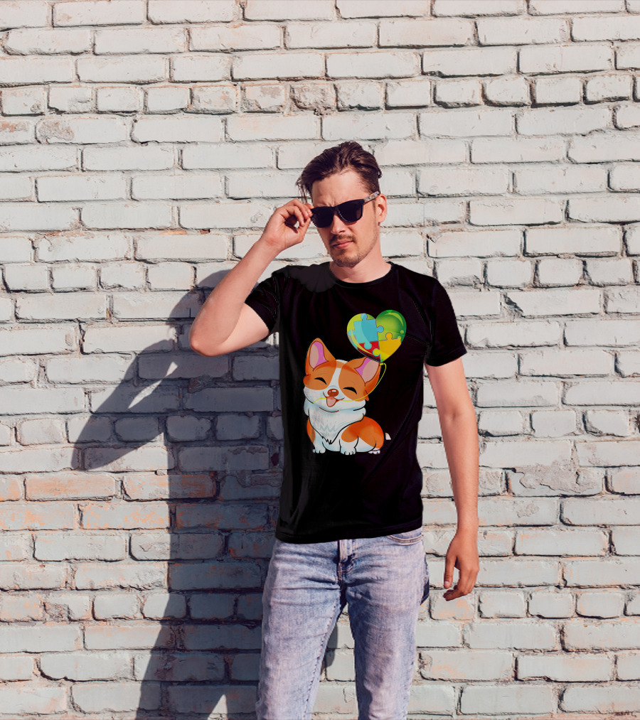 Autism Awareness Corgi Puppy With Heart Balloon Puzzle T-Shirt