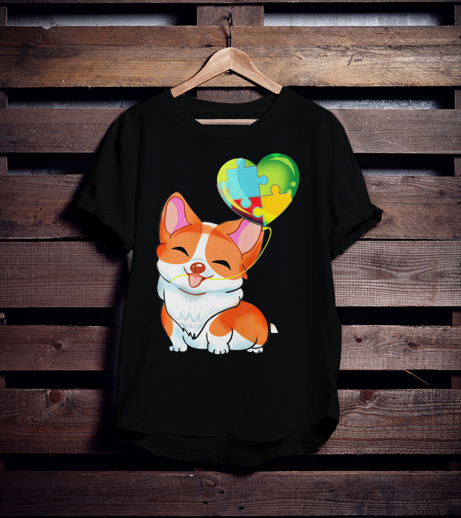 Autism Awareness Corgi Puppy With Heart Balloon Puzzle T-Shirt