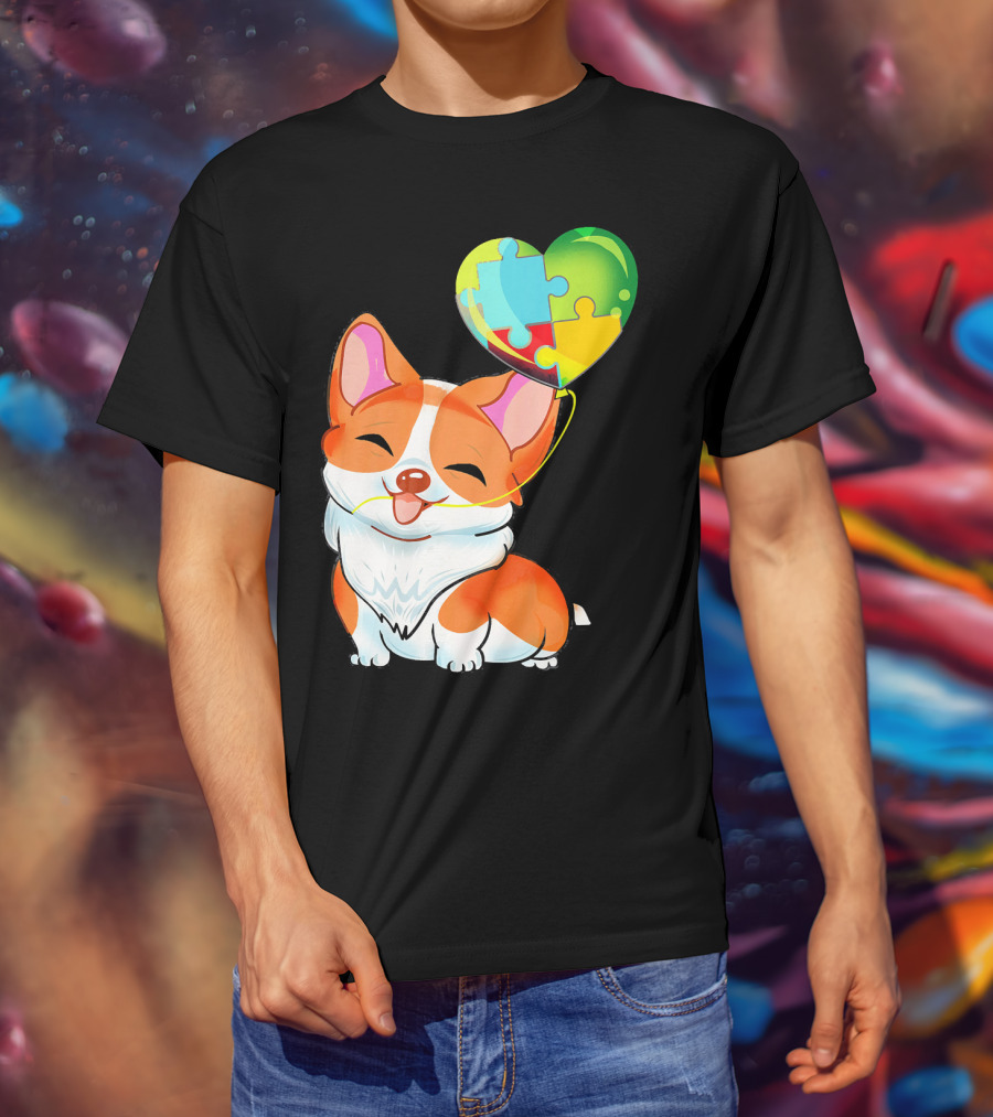Autism Awareness Corgi Puppy With Heart Balloon Puzzle T-Shirt