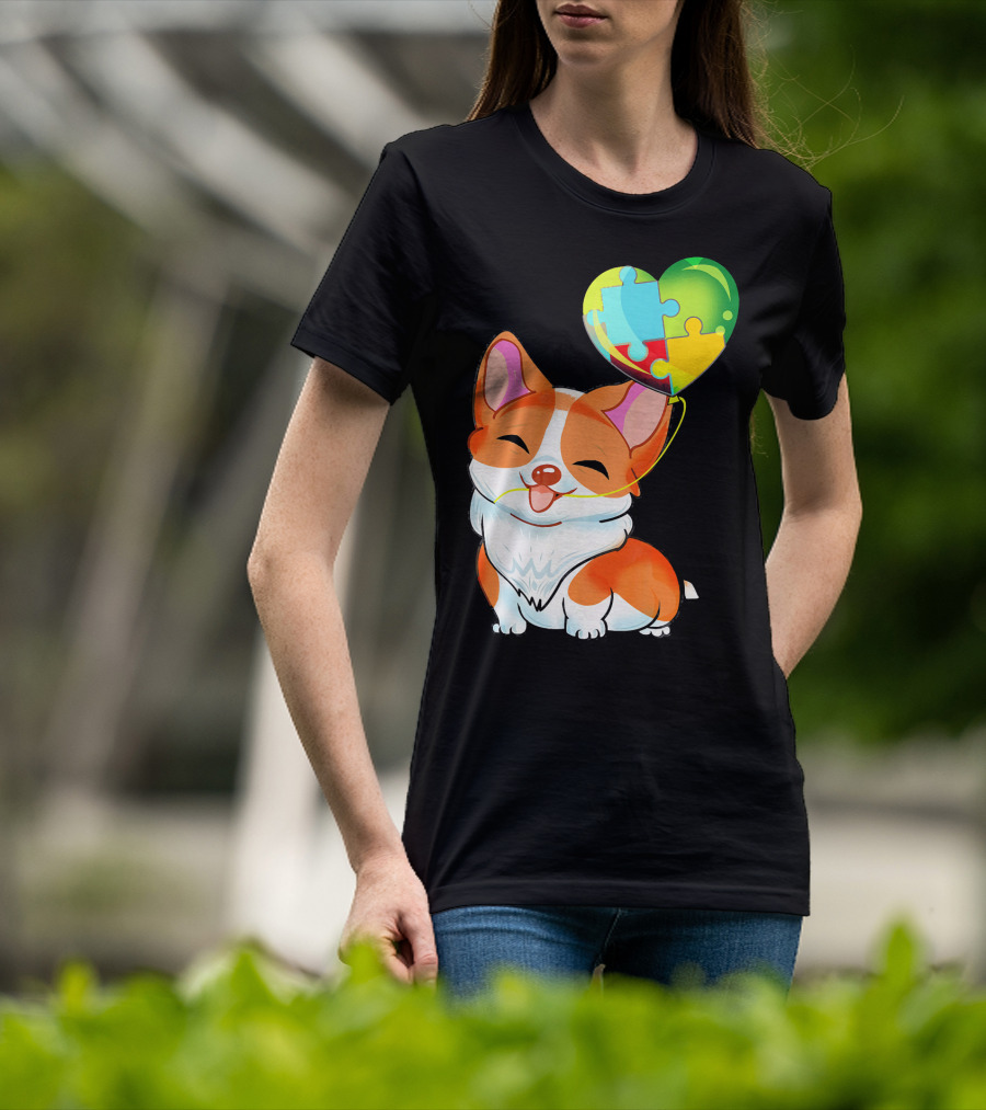Autism Awareness Corgi Puppy With Heart Balloon Puzzle T-Shirt