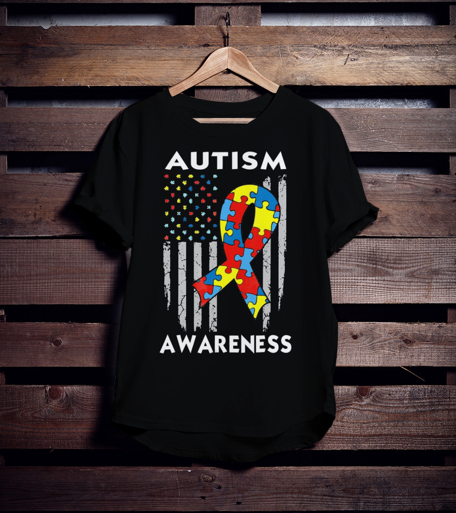 Autism Awareness USA American Flag Puzzle T-Shirt