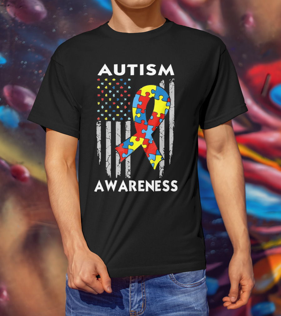 Autism Awareness USA American Flag Puzzle T-Shirt