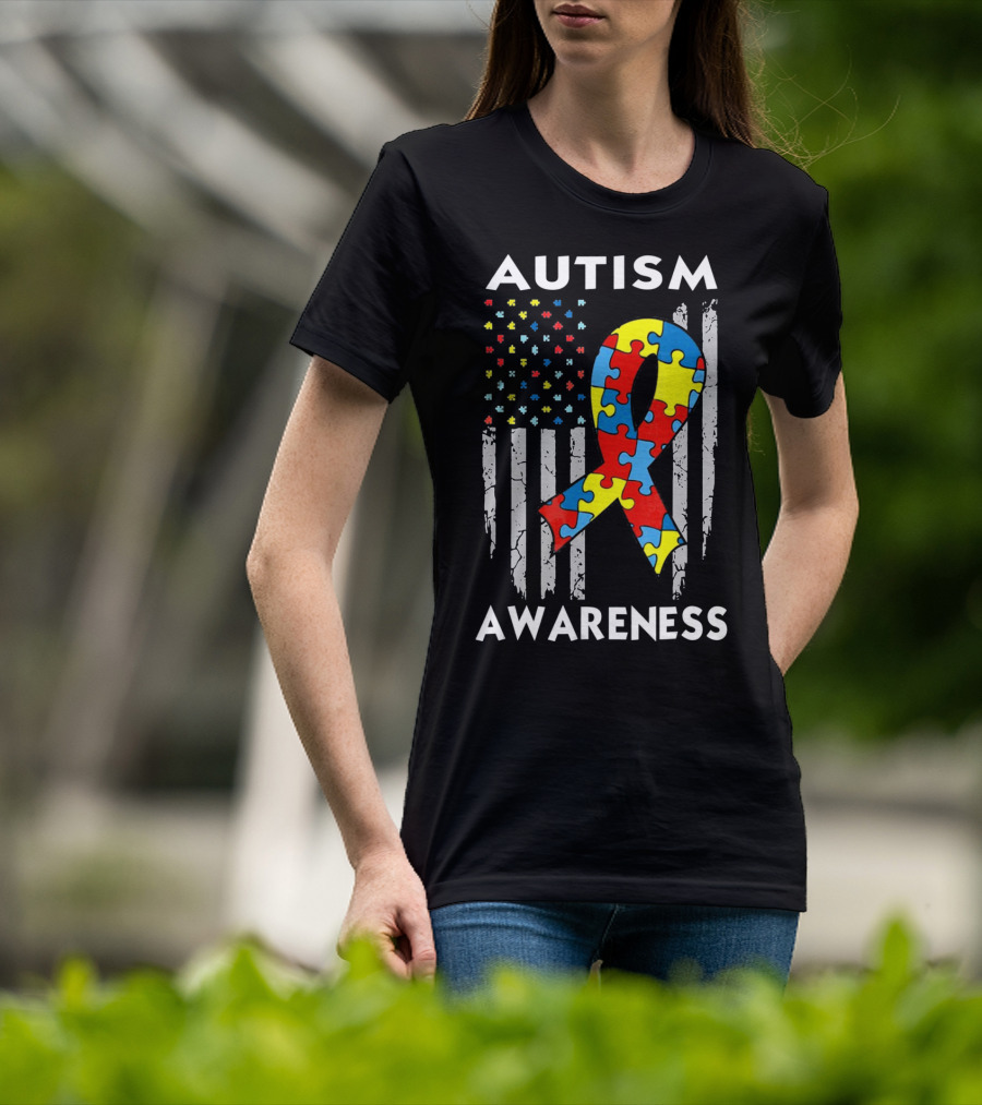 Autism Awareness USA American Flag Puzzle T-Shirt