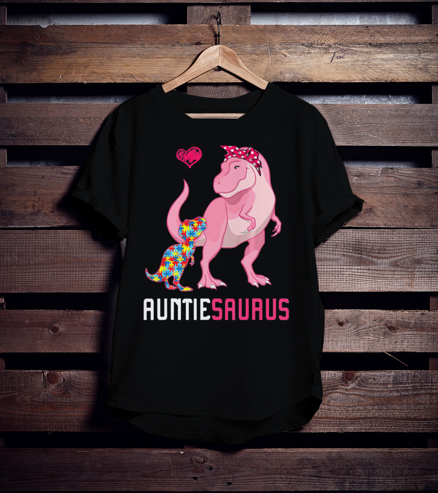 Auntiesaurus Dinosaur Puzzle Piece Heart Autism Awareness T-Shirt