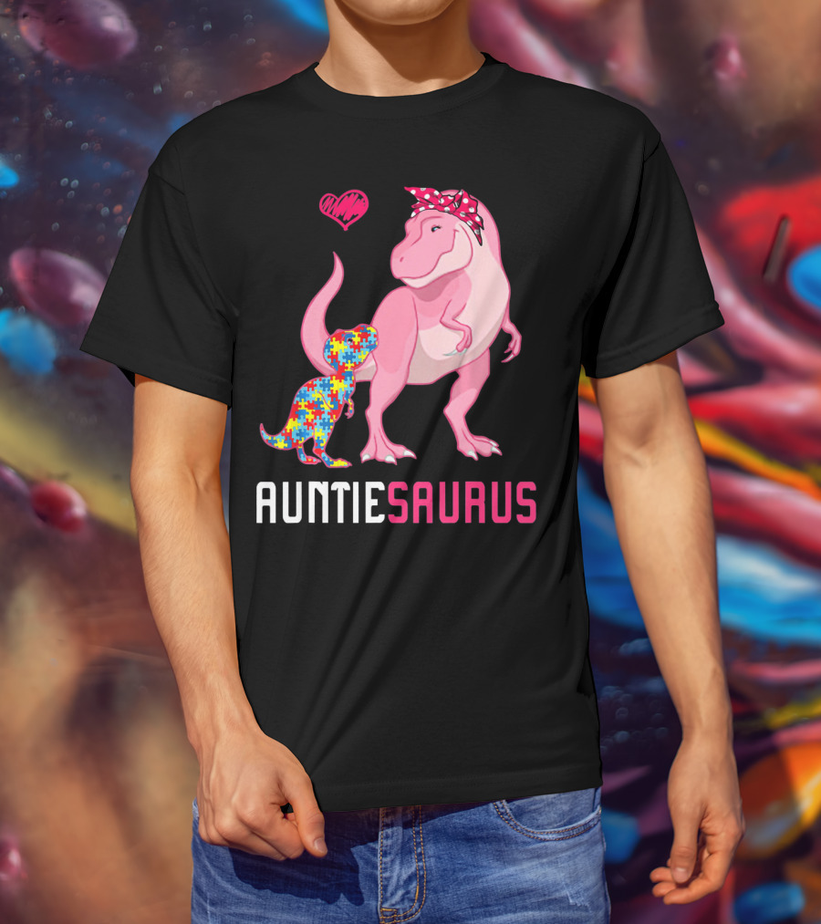 Auntiesaurus Dinosaur Puzzle Piece Heart Autism Awareness T-Shirt