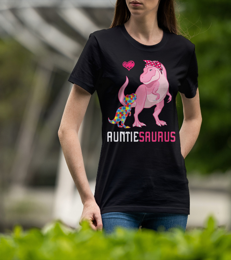 Auntiesaurus Dinosaur Puzzle Piece Heart Autism Awareness T-Shirt