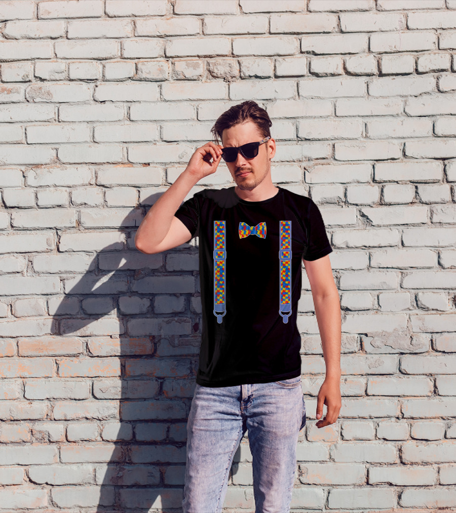 Autism Awareness Puzzle Pattern Bow Tie And Suspenders T-Shirt