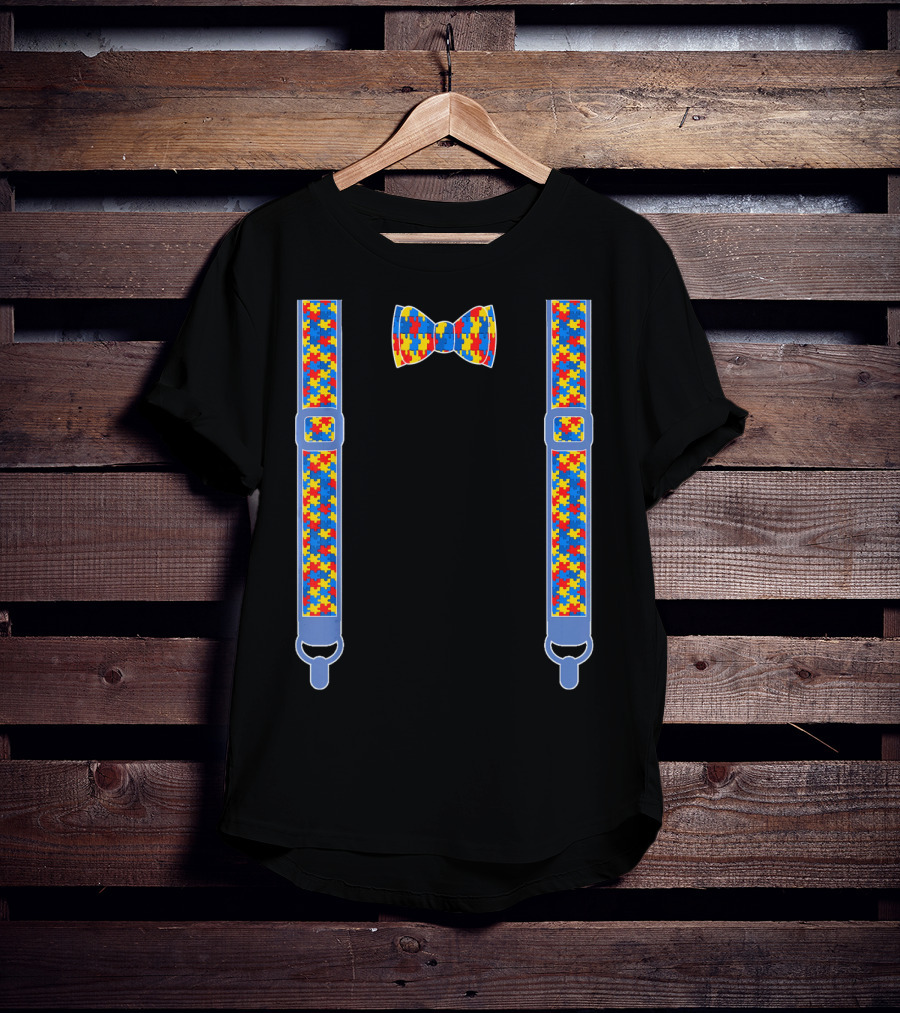 Autism Awareness Puzzle Pattern Bow Tie And Suspenders T-Shirt