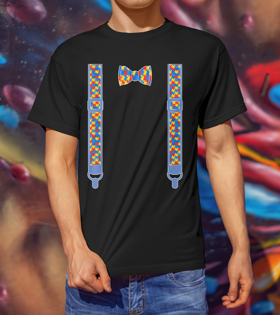 Autism Awareness Puzzle Pattern Bow Tie And Suspenders T-Shirt