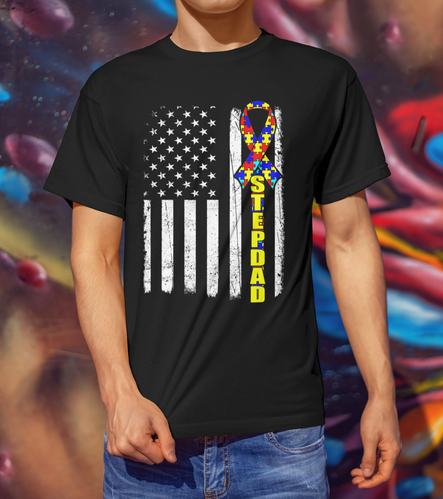 Stepdad Autism Awareness Puzzle Ribbon American Flag T-Shirt