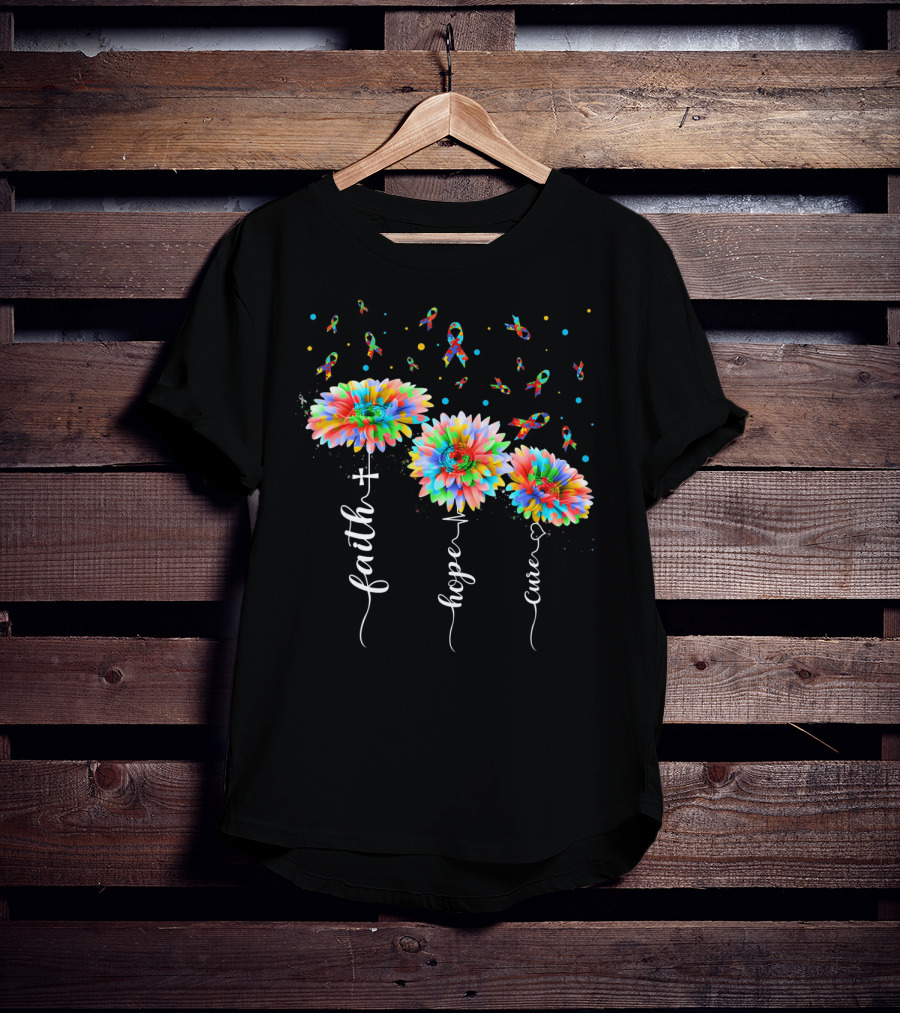Faith Hope Cure Colorful Sunflowers Autism Awareness Puzzle Pieces T-Shirt