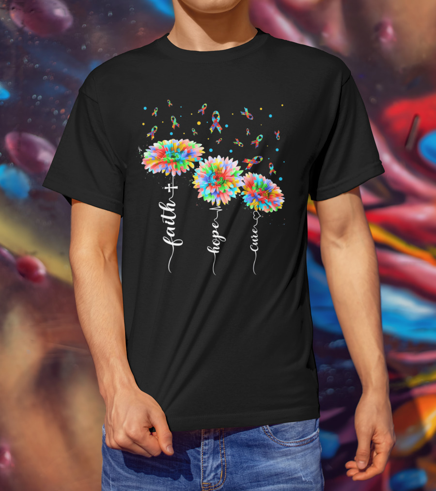 Faith Hope Cure Colorful Sunflowers Autism Awareness Puzzle Pieces T-Shirt