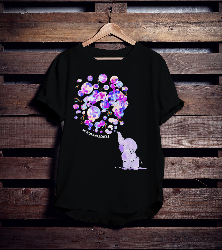 Elephant Blowing Puzzle Pieces Balloons Autism Awareness T-Shirt