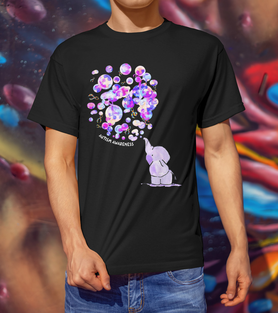 Elephant Blowing Puzzle Pieces Balloons Autism Awareness T-Shirt