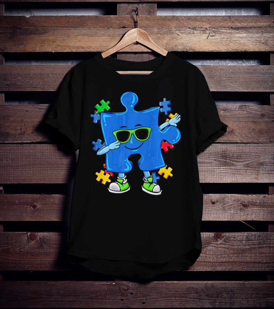 Dabbing Puzzle Piece Cool Sunglasses Autism Awareness T-Shirt
