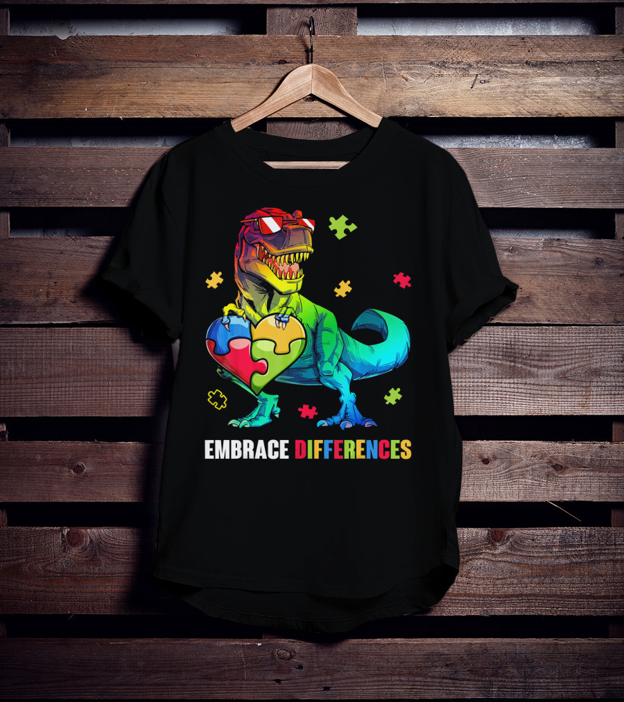 Embrace Differences Dinosaur Holding Heart Puzzle Pieces T-Shirt