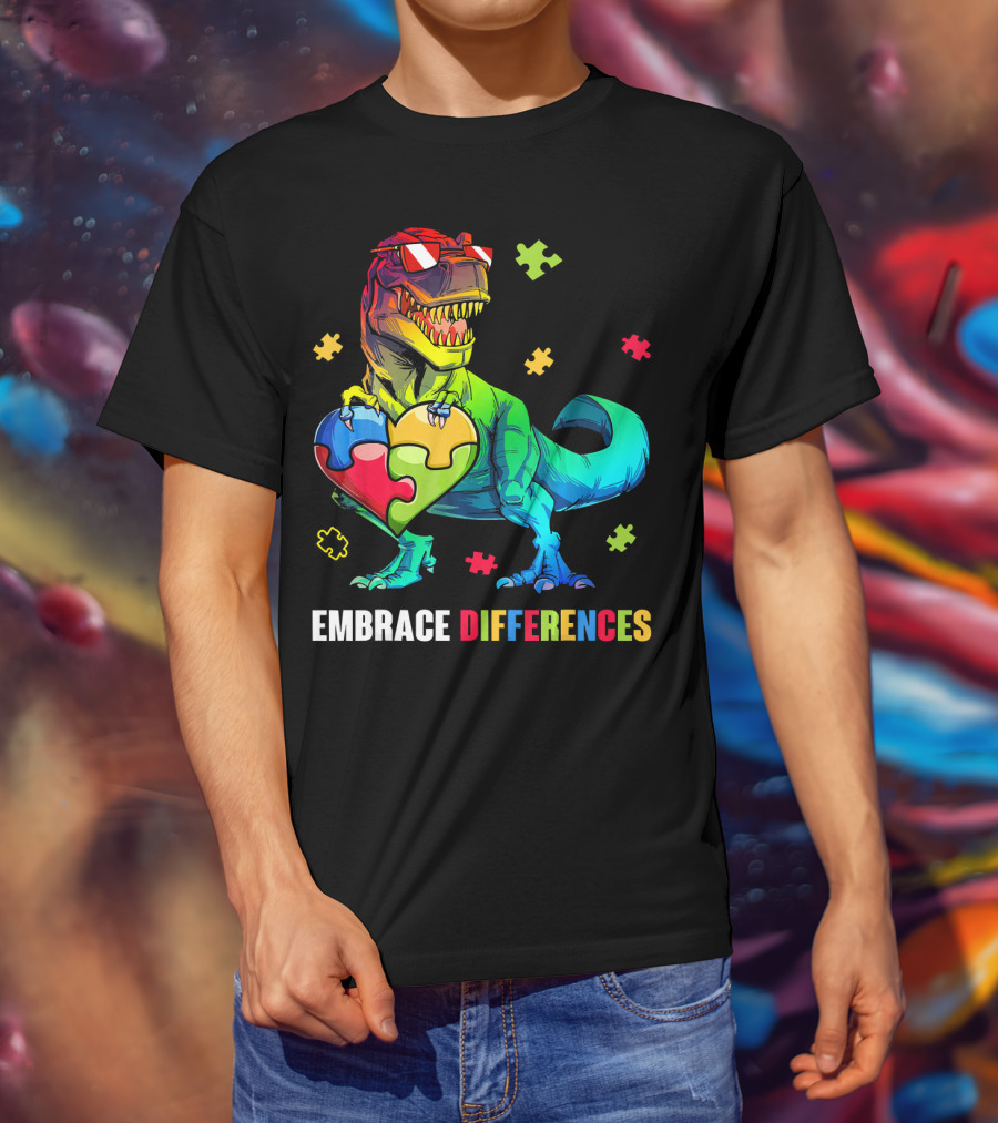 Embrace Differences Dinosaur Holding Heart Puzzle Pieces T-Shirt