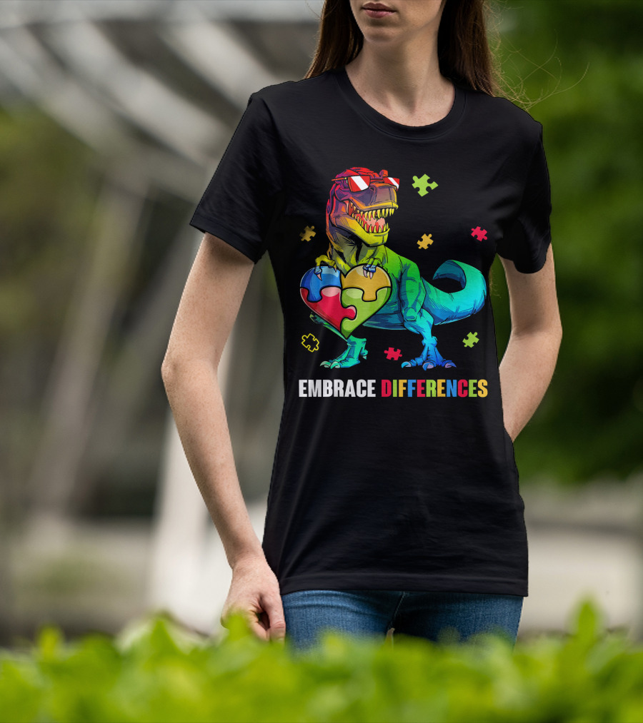 Embrace Differences Dinosaur Holding Heart Puzzle Pieces T-Shirt