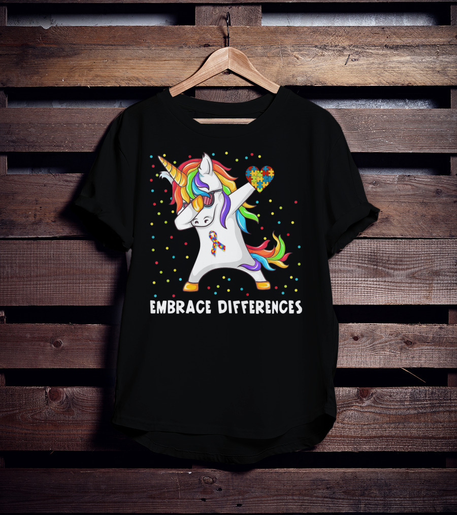Embrace Differences Rainbow Dabbing Unicorn Puzzle Heart Autism Awareness T-Shirt