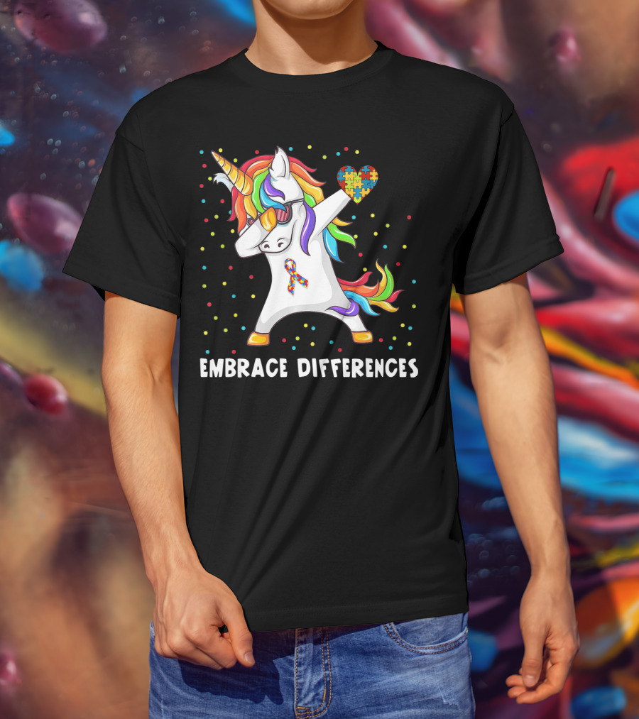 Embrace Differences Rainbow Dabbing Unicorn Puzzle Heart Autism Awareness T-Shirt