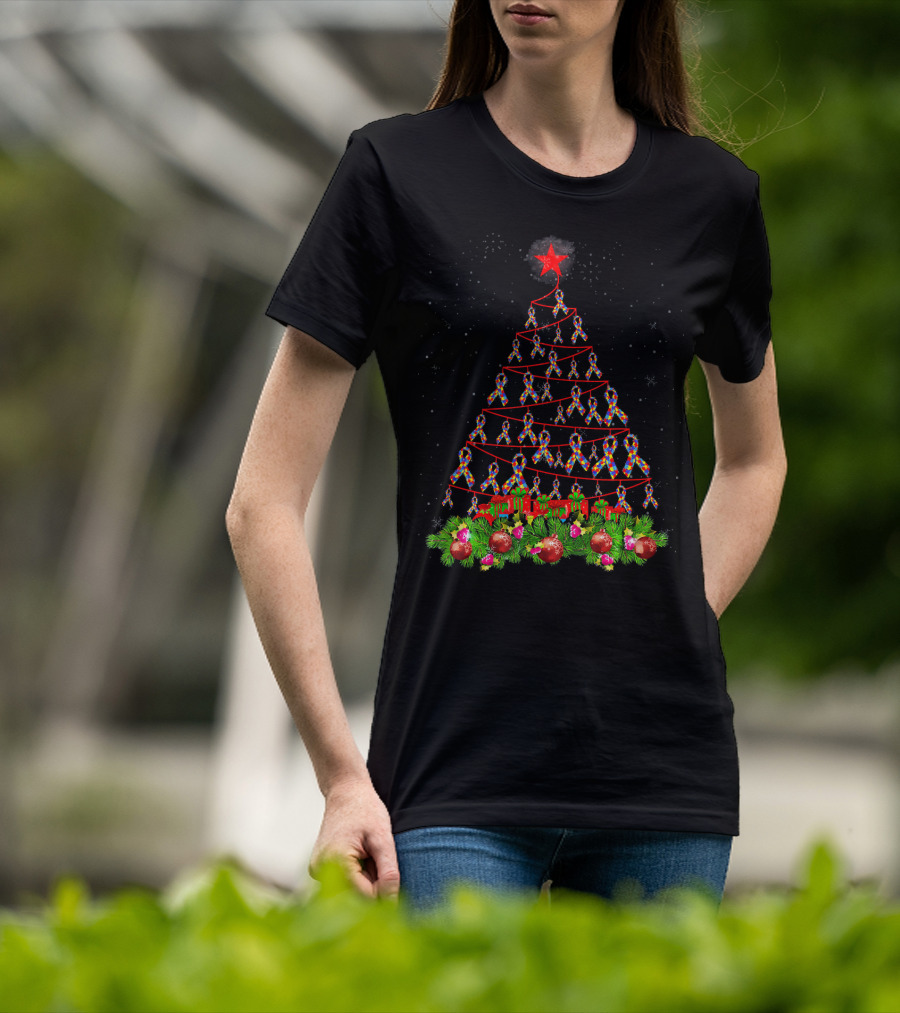 Autism Awareness Ribbon Christmas Tree With Red Star And Ornaments T-Shirt