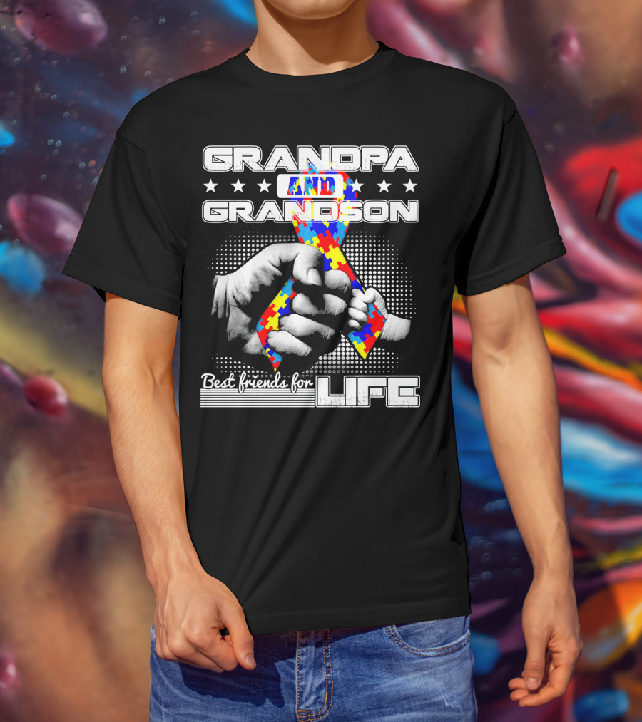 Grandpa And Grandson Best Friends For Life With Autism Puzzle T-Shirt