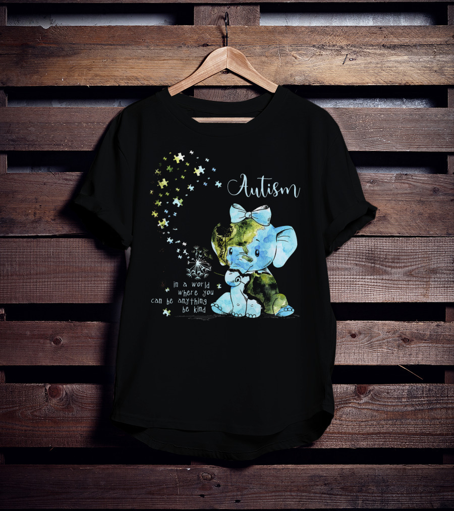 Autism Awareness Be Kind Elephant Dandelion Puzzle Pieces T-Shirt