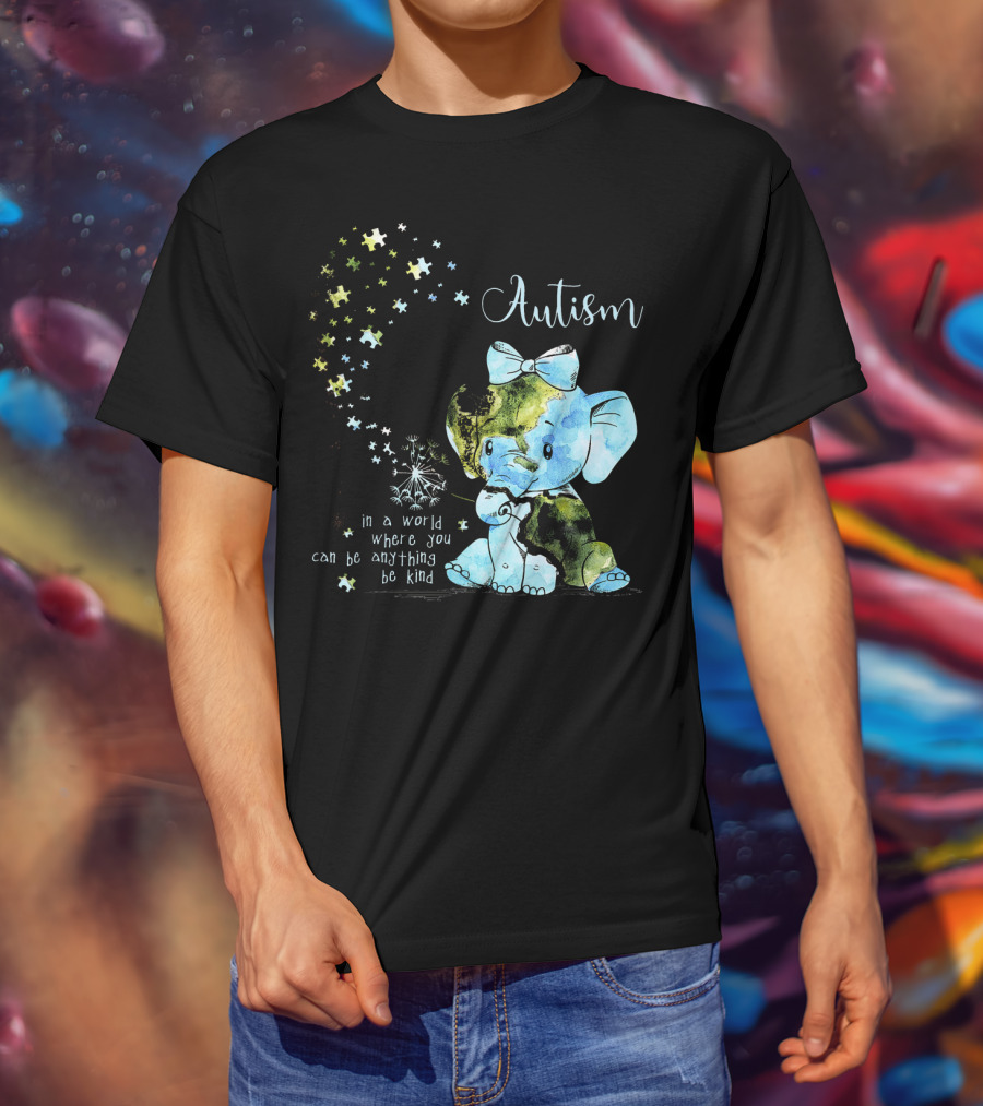 Autism Awareness Be Kind Elephant Dandelion Puzzle Pieces T-Shirt
