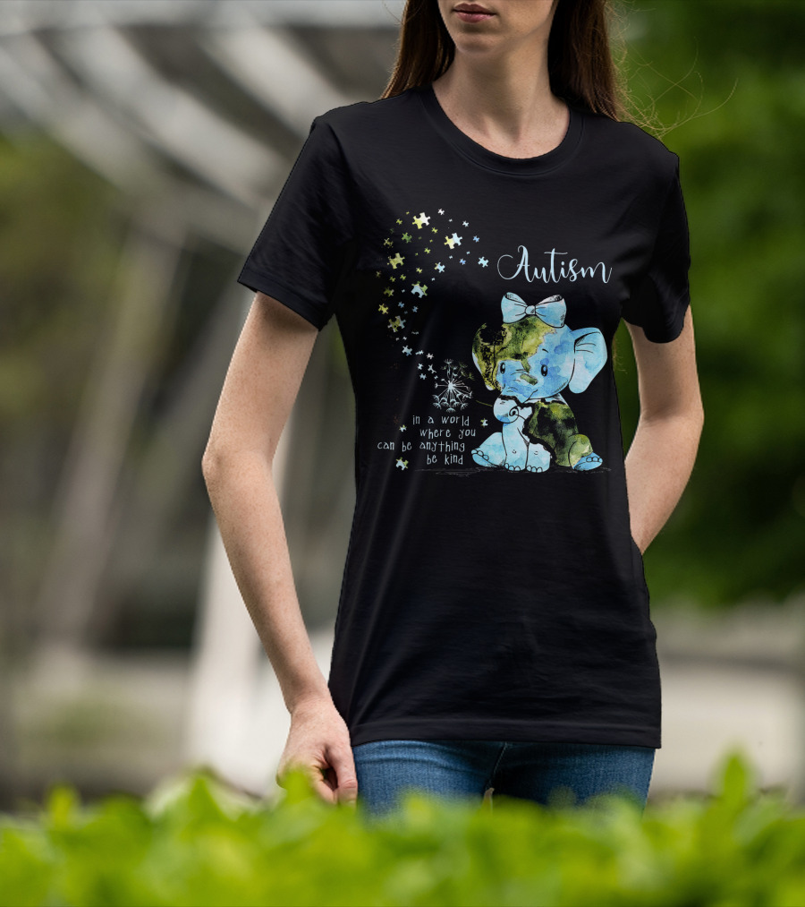 Autism Awareness Be Kind Elephant Dandelion Puzzle Pieces T-Shirt