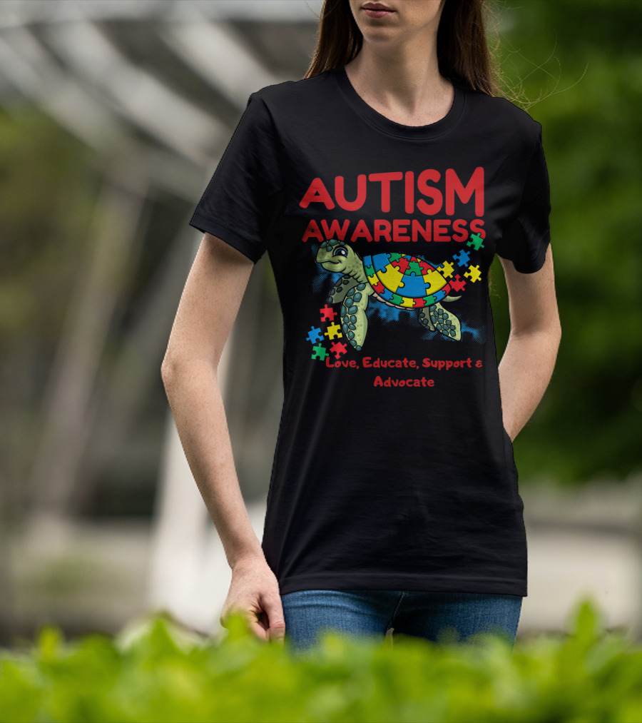 Autism Awareness Love Educate Support Advocate Puzzle Turtle T-Shirt
