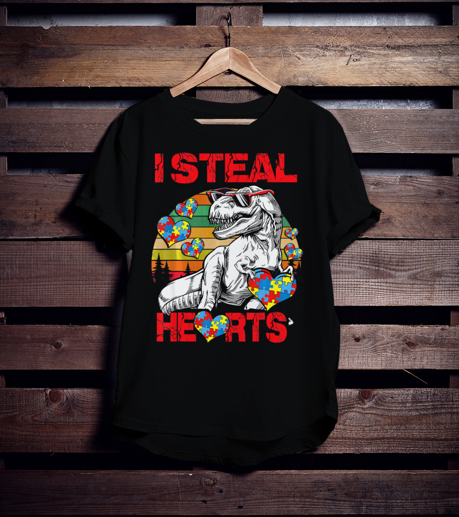 I Steal Hearts Autism Awareness Vintage Dinosaur T-Shirt