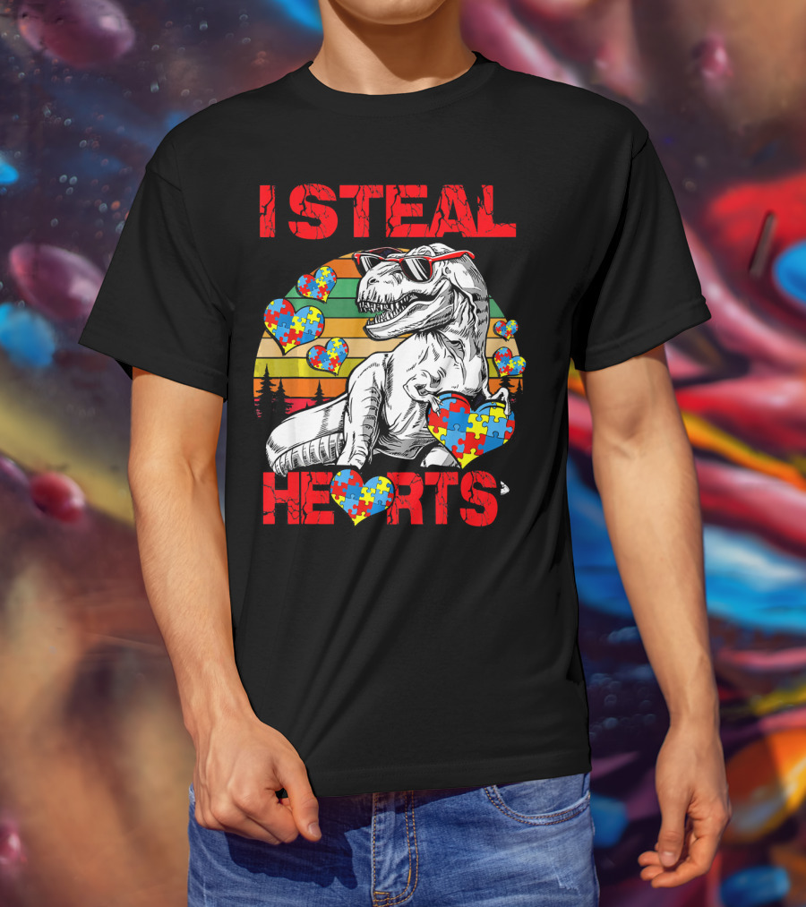 I Steal Hearts Autism Awareness Vintage Dinosaur T-Shirt