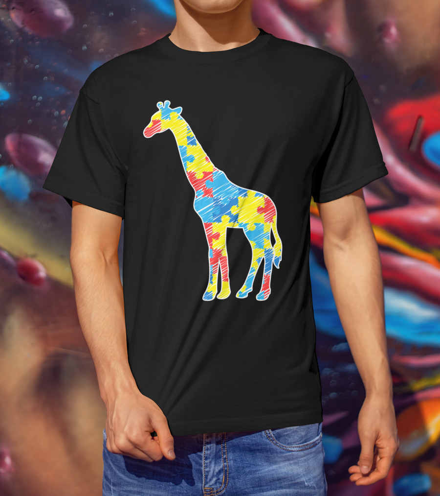 Cute Giraffe Puzzle Pattern Autism Awareness T-Shirt