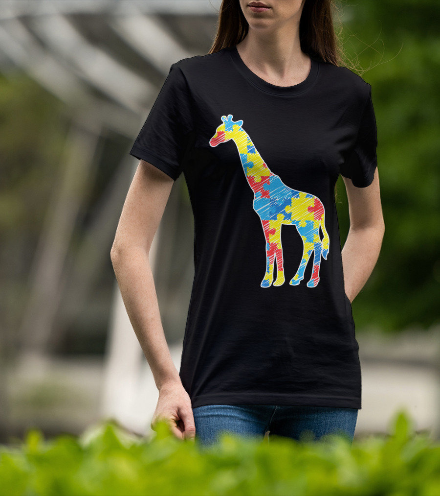 Cute Giraffe Puzzle Pattern Autism Awareness T-Shirt