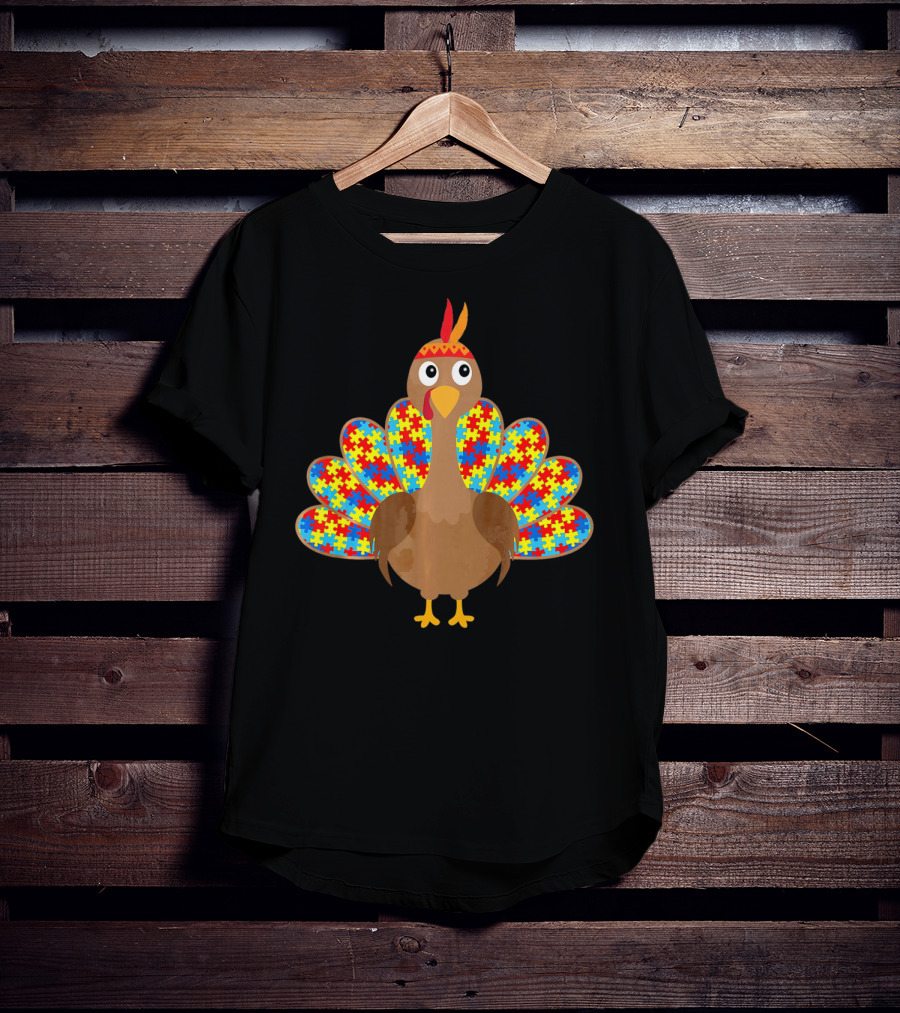 Cute Turkey With Autism Awareness Puzzle Pattern Tail T-Shirt