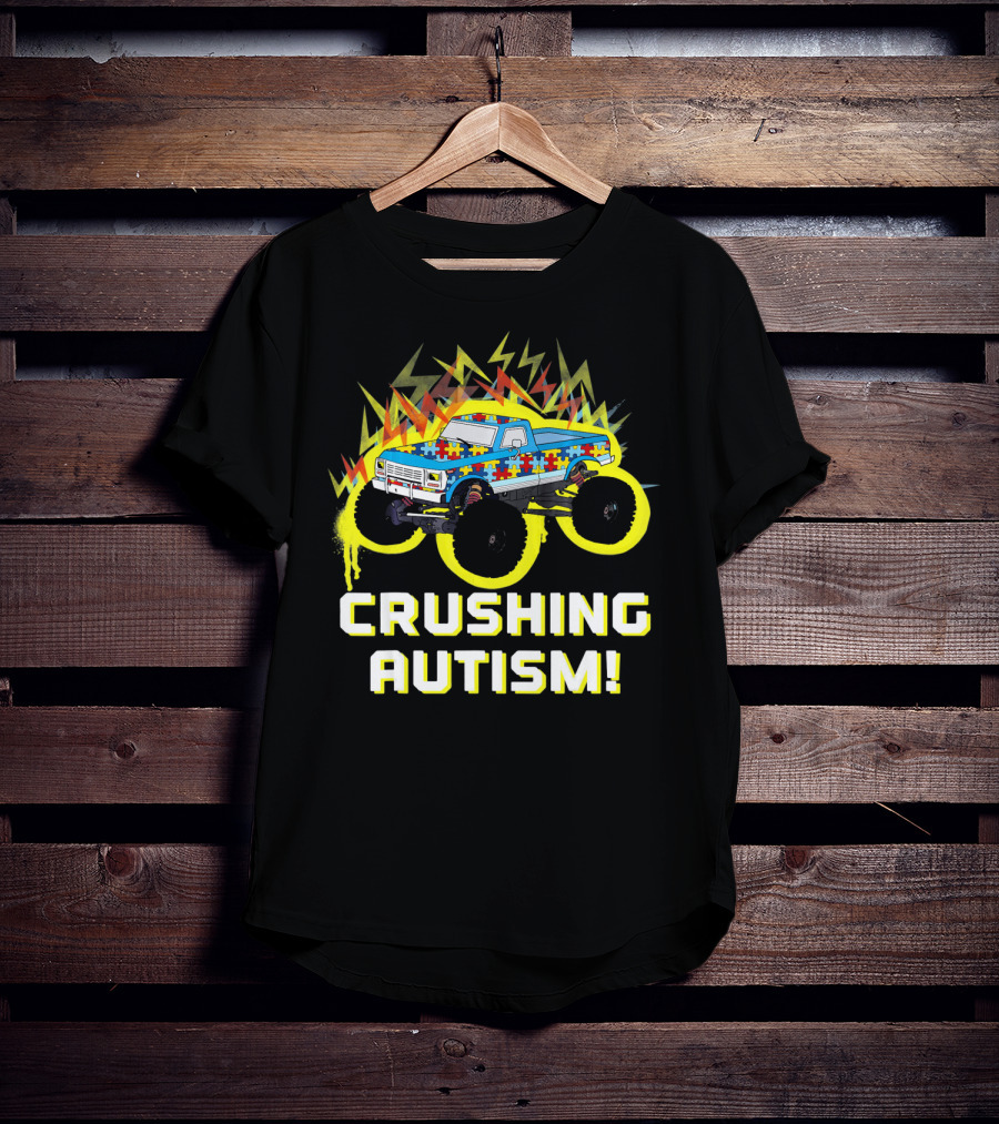 Crushing Autism Awareness Monster Truck With Puzzle Pattern And Lightning T-Shirt