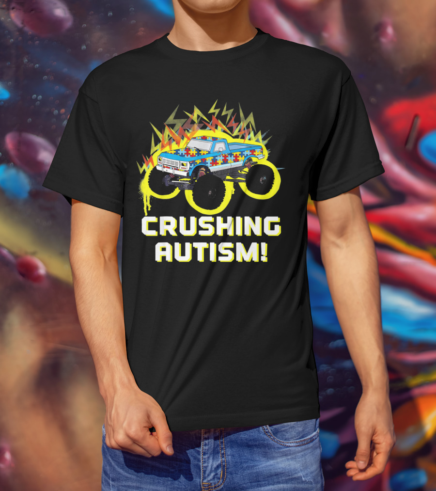 Crushing Autism Awareness Monster Truck With Puzzle Pattern And Lightning T-Shirt