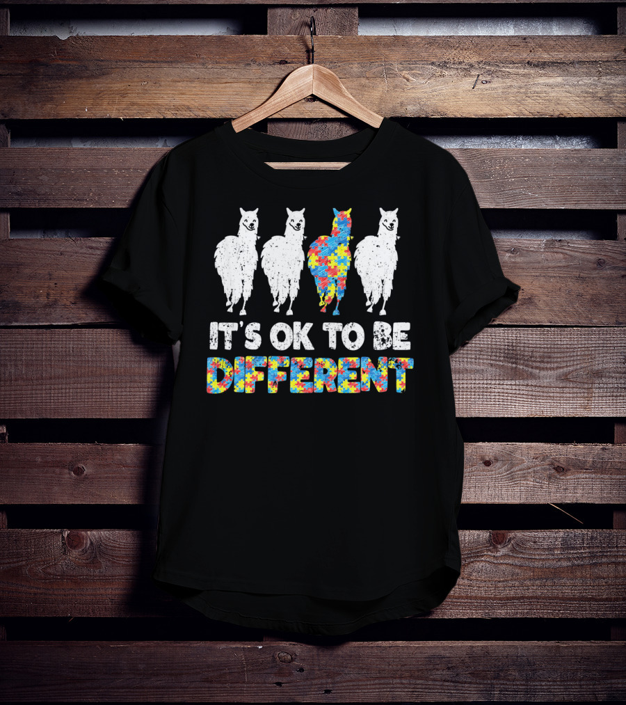 Autism Awareness Llama It's OK To Be Different Puzzle T-Shirt