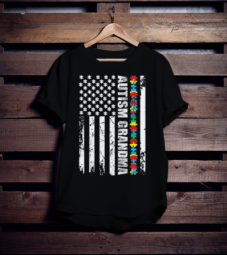 Autism Grandma American Flag Puzzle Piece Awareness T-Shirt