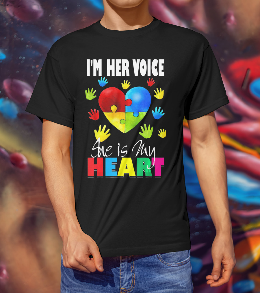 I'm Her Voice She Is My Heart Autism Awareness Puzzle Hands T-Shirt