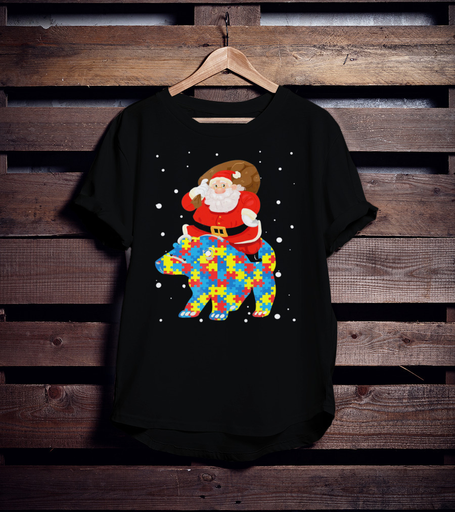Santa Claus Riding Puzzle Bear Christmas Autism T-Shirt