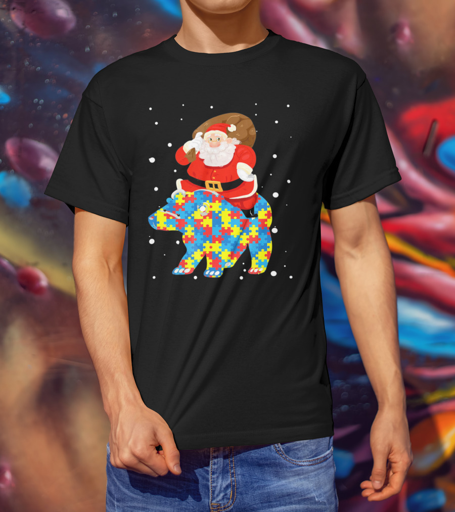 Santa Claus Riding Puzzle Bear Christmas Autism T-Shirt
