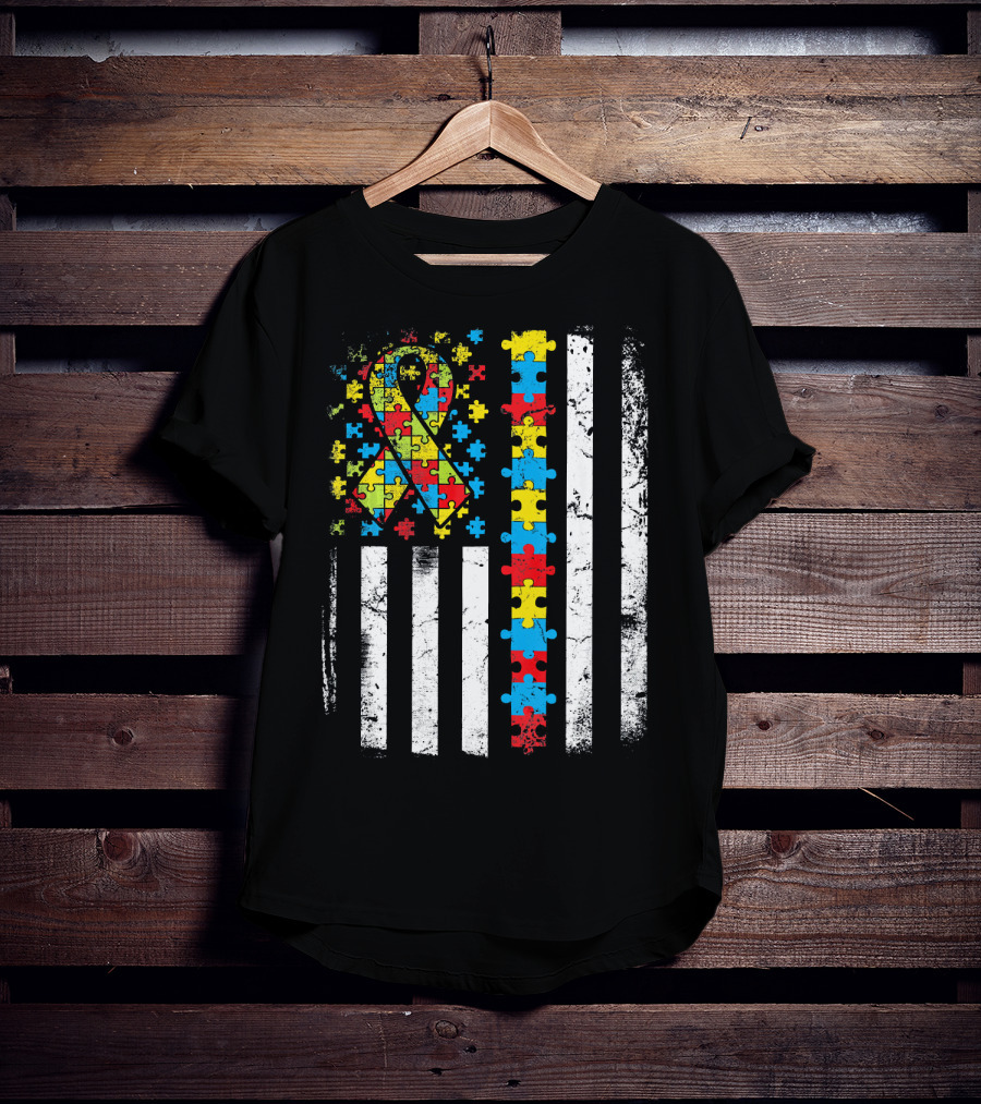 Autism Awareness American Flag Puzzle T-Shirt