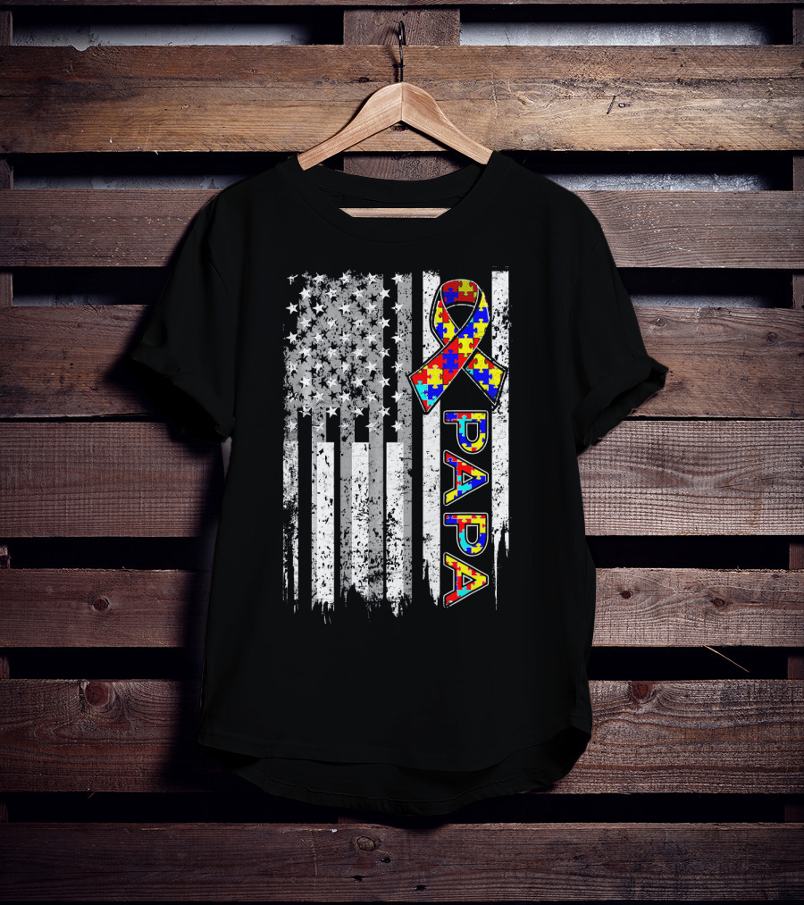 Papa Autism Awareness Puzzle Ribbon American Flag T-Shirt