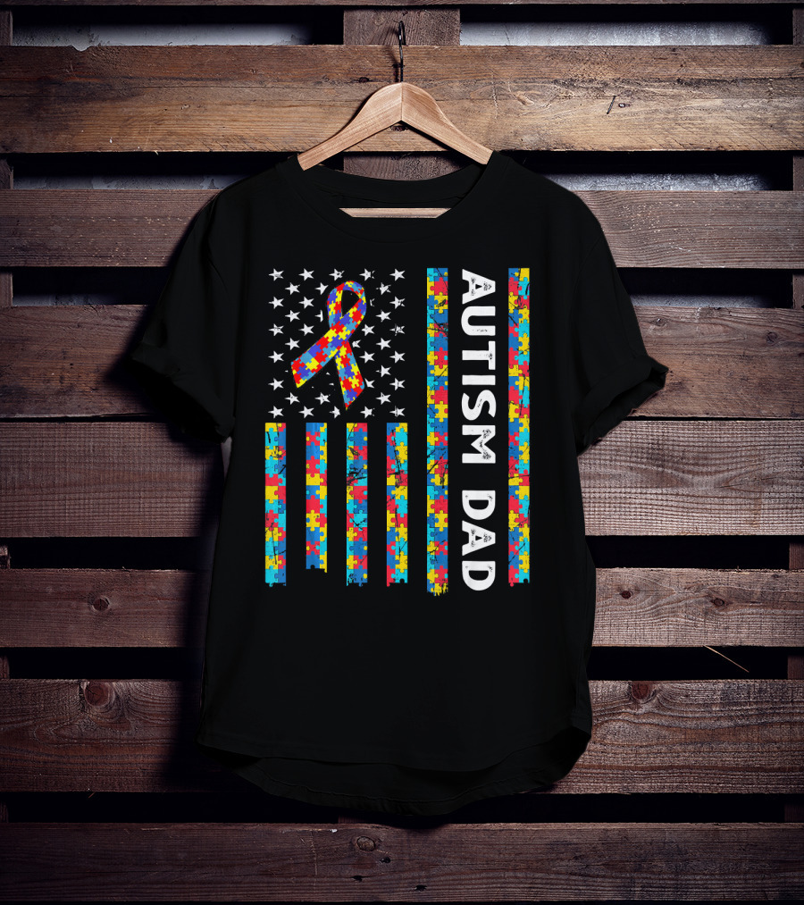 Autism Dad Awareness American Flag Puzzle T-Shirt